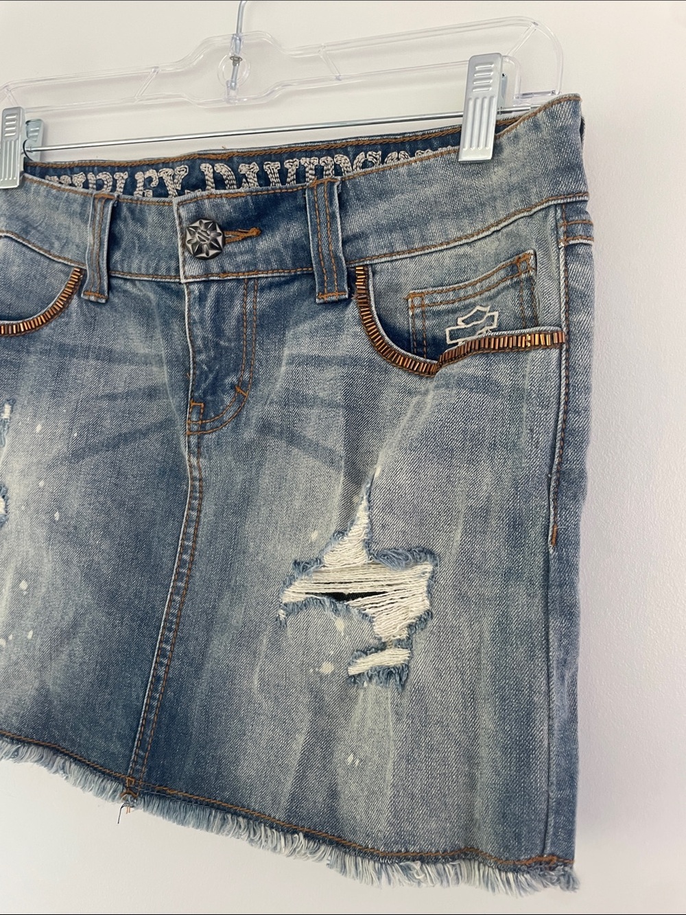 Harley-Davidson Light Blue Distressed Denim Mini Skirt 6 - Picture 2 of 8
